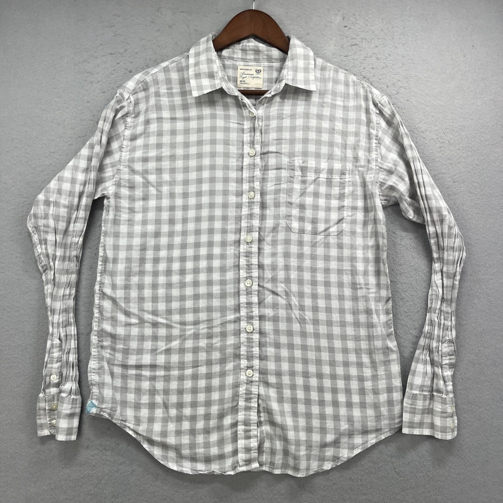 American Eagle Button Up Shirt Women M Grey Gingham Boyfriend Fit Soft Girl